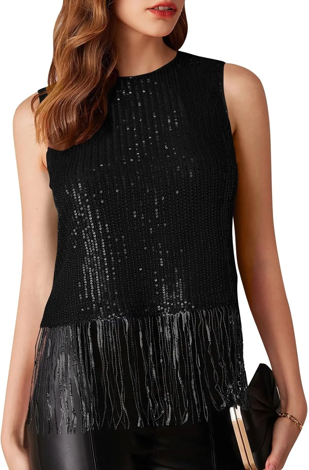 Women Fringe Hem Sequin Tank Tops Sleeveless Crewneck Tassel Sequin Shirts Glitter Party Club Slim Fit Disco Outfit