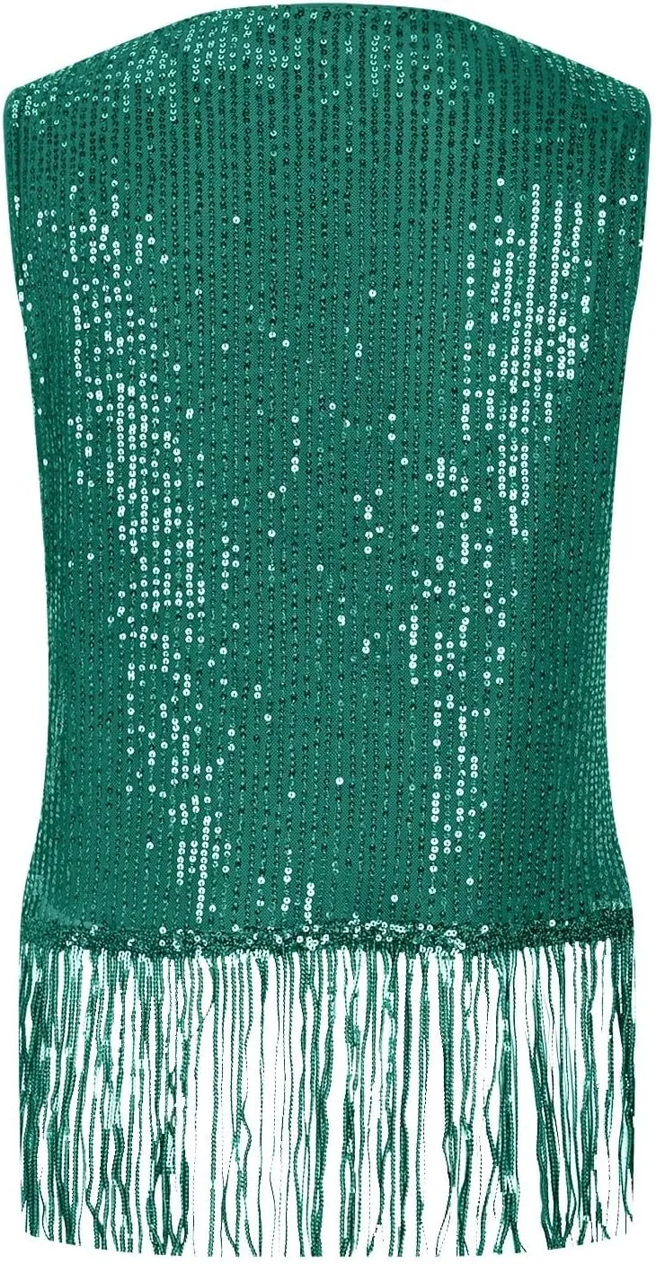 Women Fringe Hem Sequin Tank Tops Sleeveless Crewneck Tassel Sequin Shirts Glitter Party Club Slim Fit Disco Outfit