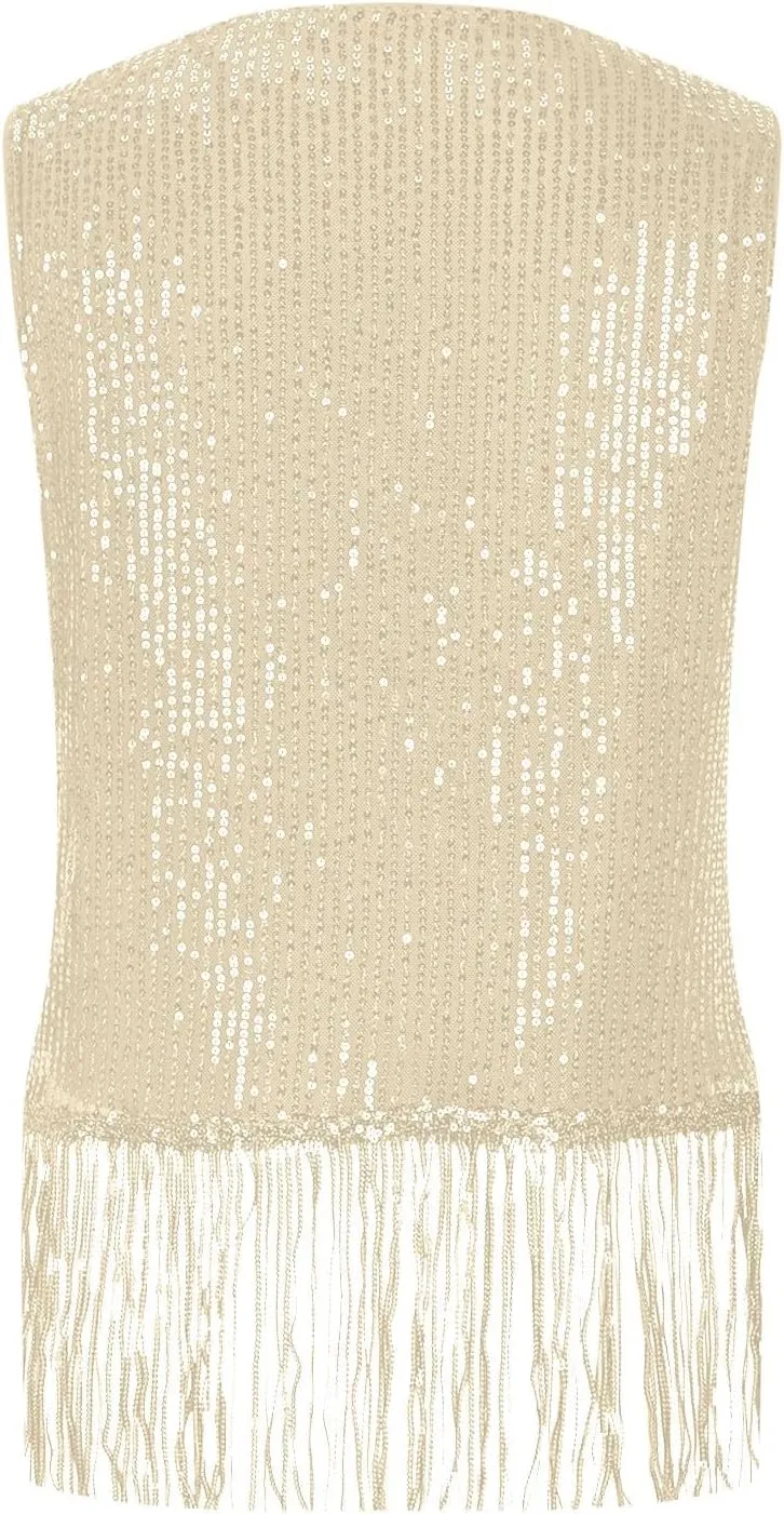 Women Fringe Hem Sequin Tank Tops Sleeveless Crewneck Tassel Sequin Shirts Glitter Party Club Slim Fit Disco Outfit