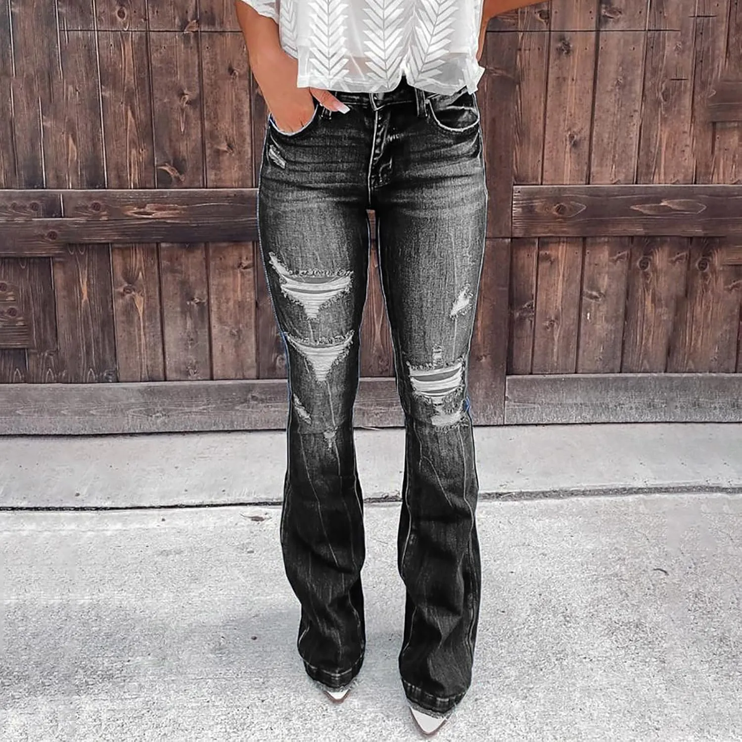 Women Stacked Pants Ripped Jeans Boyfriend Jeans Distressed Jeans Baggy Cargo Pants Jeans Straight Leg Pants