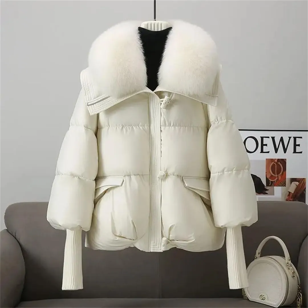Women Warm Goose Down Jackets Removable Fur Collar Puffer Jackets Thick Streetwear White Duck Down Jacket Coat