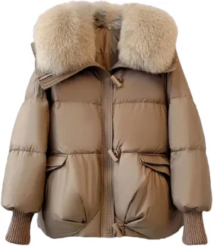 Women Warm Goose Down Jackets Removable Fur Collar Puffer Jackets Thick Streetwear White Duck Down Jacket Coat