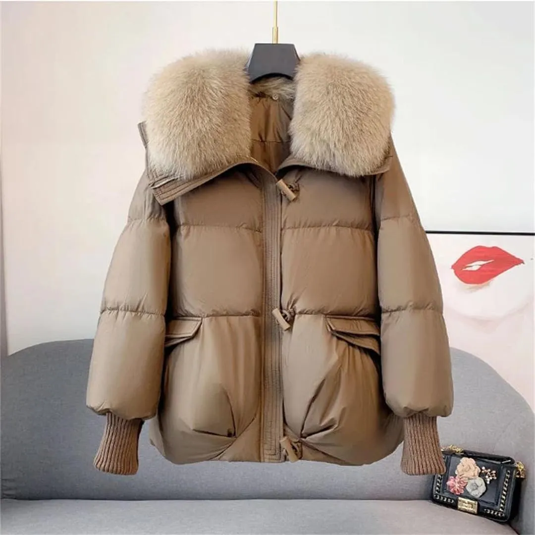 Women Warm Goose Down Jackets Removable Fur Collar Puffer Jackets Thick Streetwear White Duck Down Jacket Coat