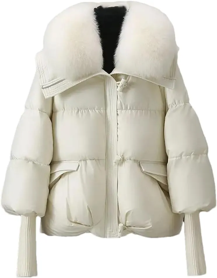 Women Warm Goose Down Jackets Removable Fur Collar Puffer Jackets Thick Streetwear White Duck Down Jacket Coat