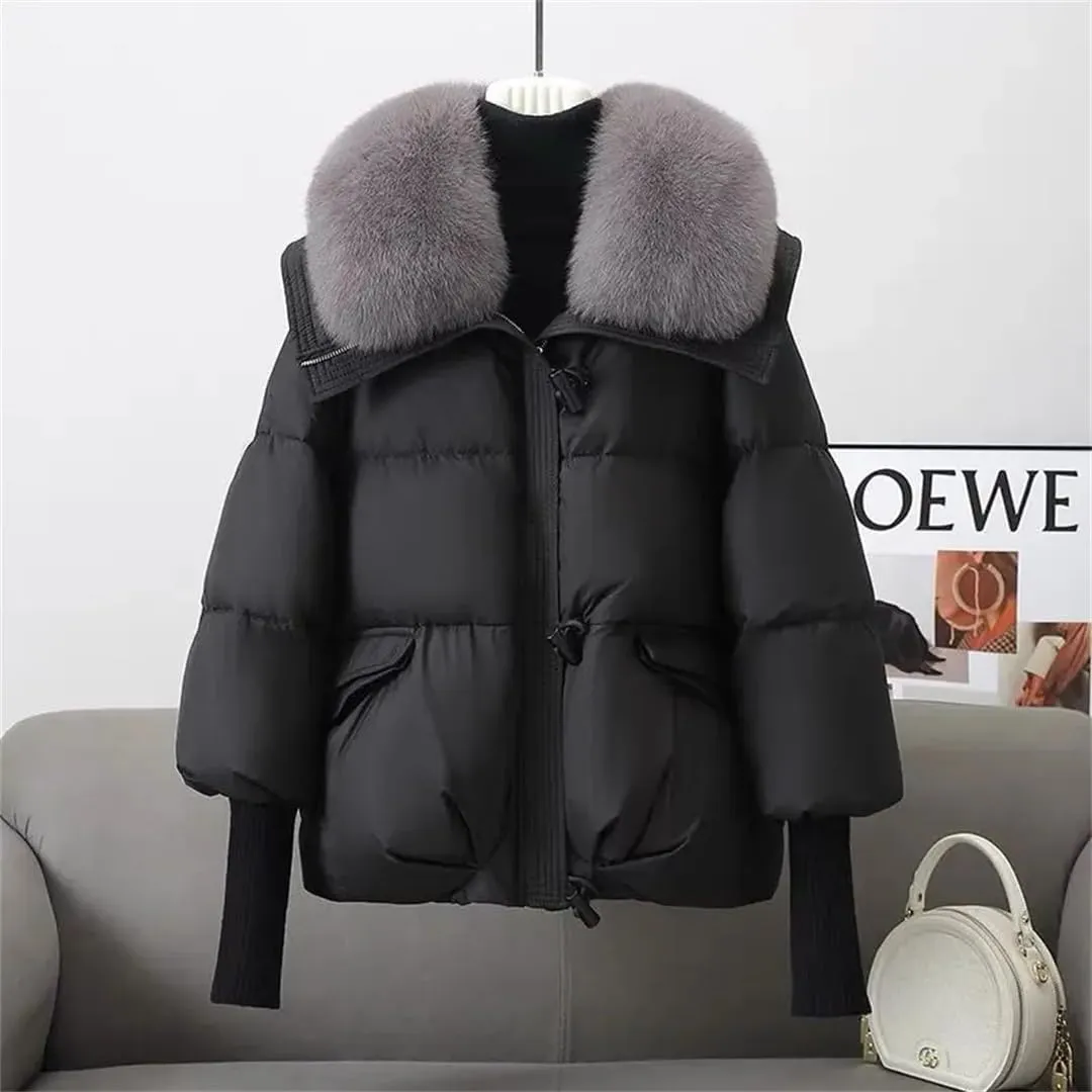 Women Warm Goose Down Jackets Removable Fur Collar Puffer Jackets Thick Streetwear White Duck Down Jacket Coat