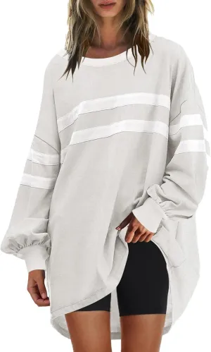 Womens Casual Crewneck Sweatshirt Long Sleeve Tops Stripes Cute Pullover Loose Fit Oversized Outfits