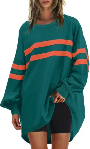 Womens Casual Crewneck Sweatshirt Long Sleeve Tops Stripes Cute Pullover Loose Fit Oversized Outfits