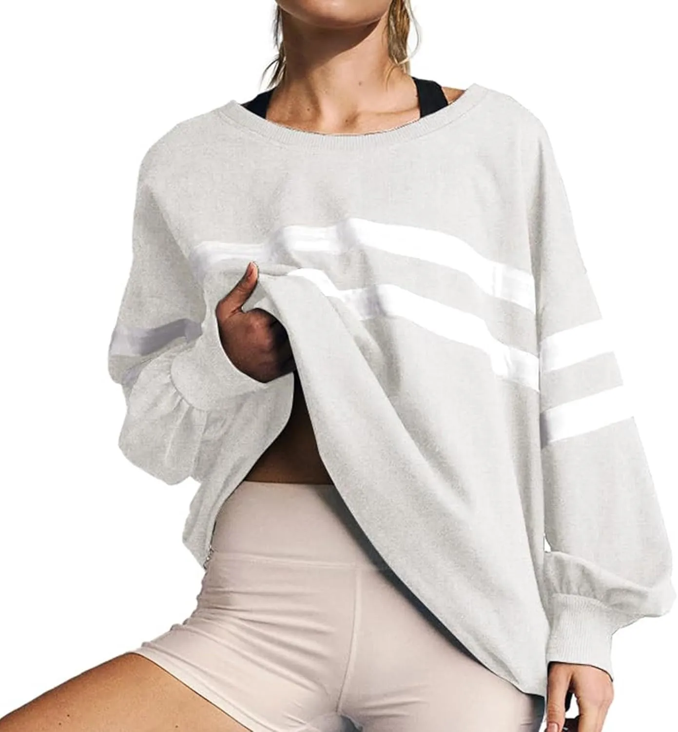 Womens Casual Crewneck Sweatshirt Long Sleeve Tops Stripes Cute Pullover Loose Fit Oversized Outfits
