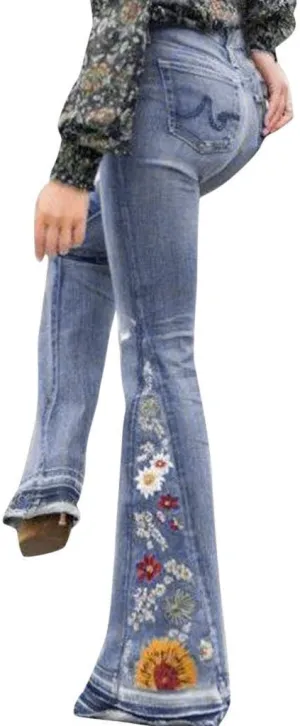 Womens Flared Jeans High Waisted Bell Bottom Jeans 70s Retro Jeans Lightweight Denim Pants Embroidered Bootcut Jeans
