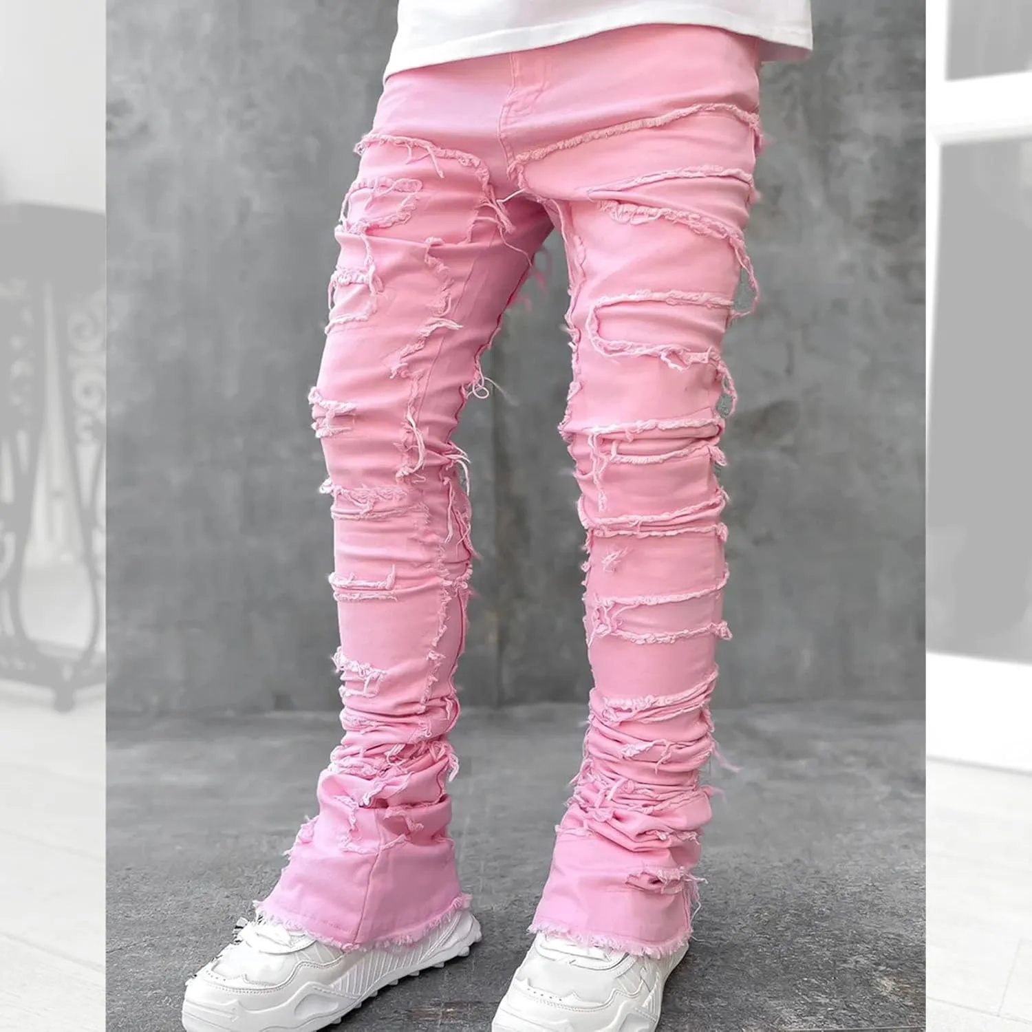 Women's High Rise Raw Edge Straight Pants Fringed Patch Micro-Flare Jeans Y2K Classic Fashion Street Trousers