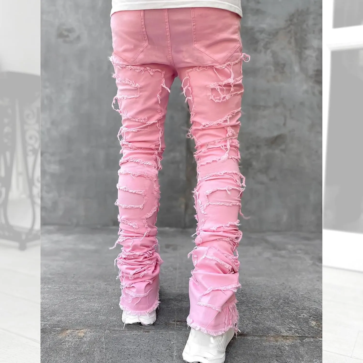 Women's High Rise Raw Edge Straight Pants Fringed Patch Micro-Flare Jeans Y2K Classic Fashion Street Trousers