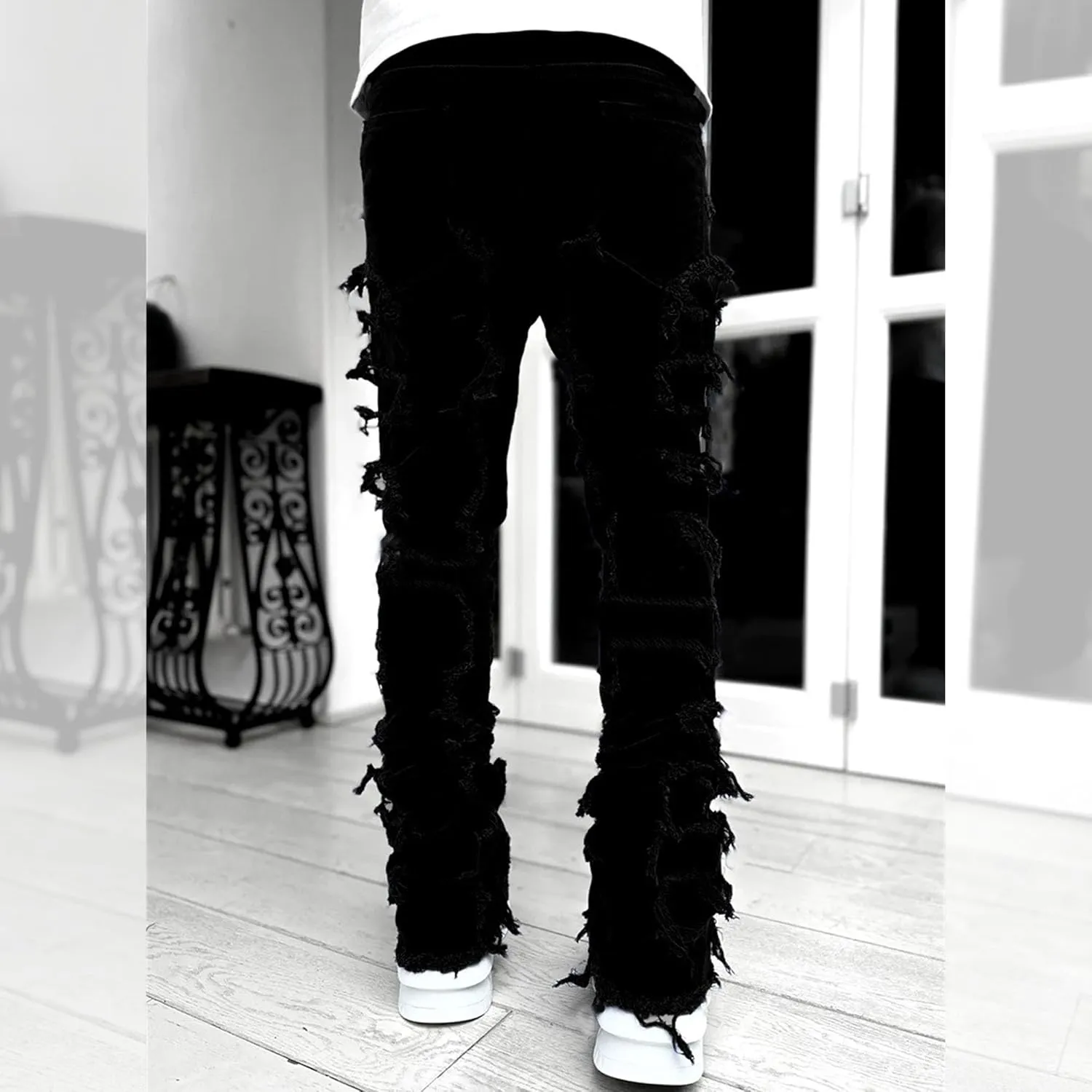 Women's High Rise Raw Edge Straight Pants Fringed Patch Micro-Flare Jeans Y2K Classic Fashion Street Trousers