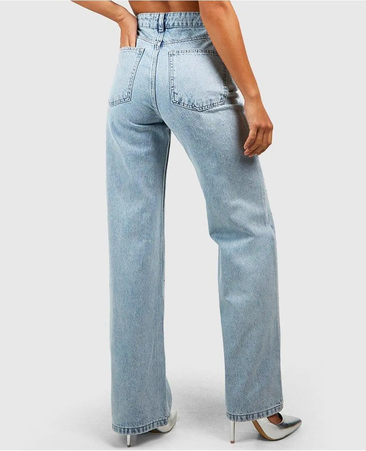 Women's Jeans Pant High Waist Straight Leg Rhinestone Denim Pants Tummy Control Vintage Wash Trousers