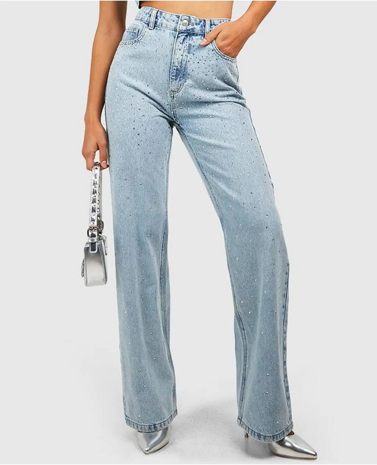 Women's Jeans Pant High Waist Straight Leg Rhinestone Denim Pants Tummy Control Vintage Wash Trousers