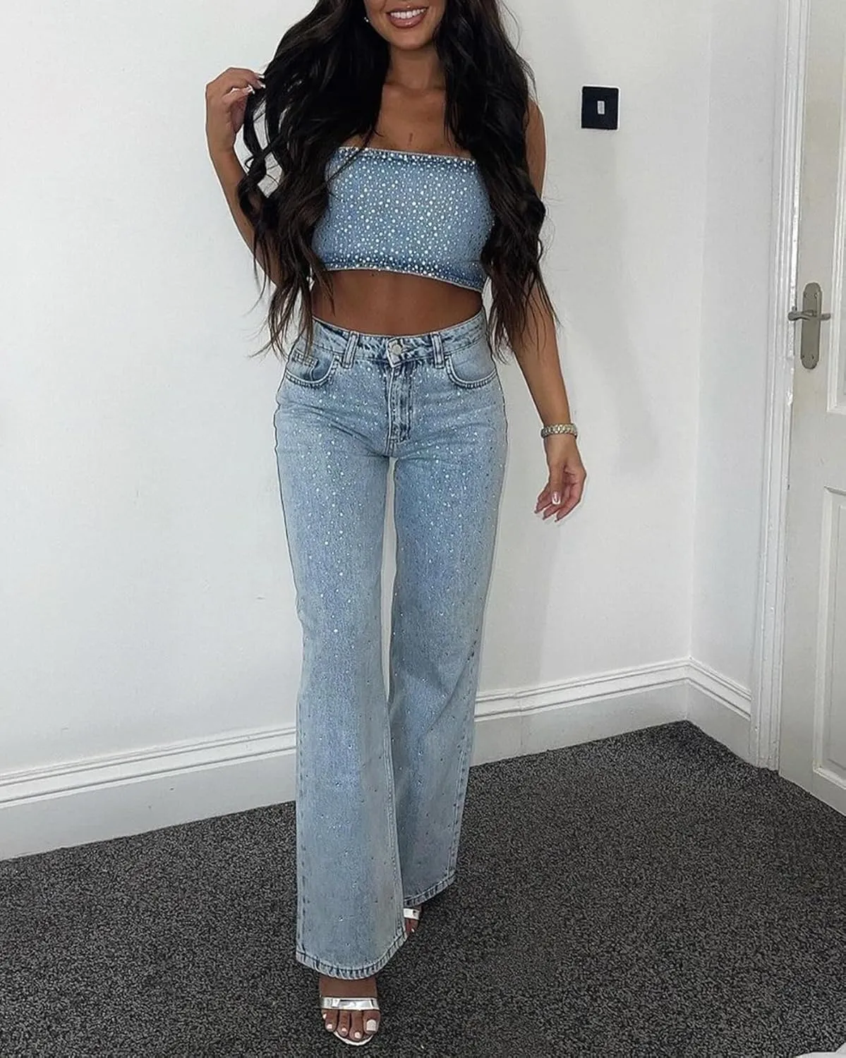 Women's Jeans Pant High Waist Straight Leg Rhinestone Denim Pants Tummy Control Vintage Wash Trousers
