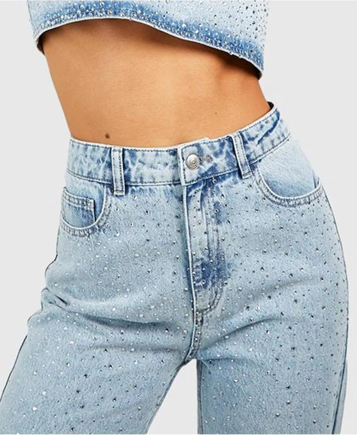 Women's Jeans Pant High Waist Straight Leg Rhinestone Denim Pants Tummy Control Vintage Wash Trousers
