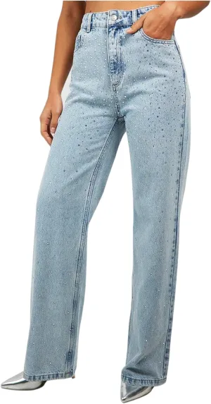 Women's Jeans Pant High Waist Straight Leg Rhinestone Denim Pants Tummy Control Vintage Wash Trousers