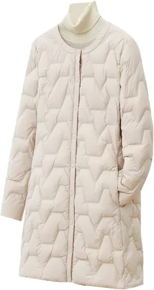 Women's Lightweight Down Jacket Mide-Length Puffer Coat with Pockets Quilted Long Sleeve Button Down Outerwear