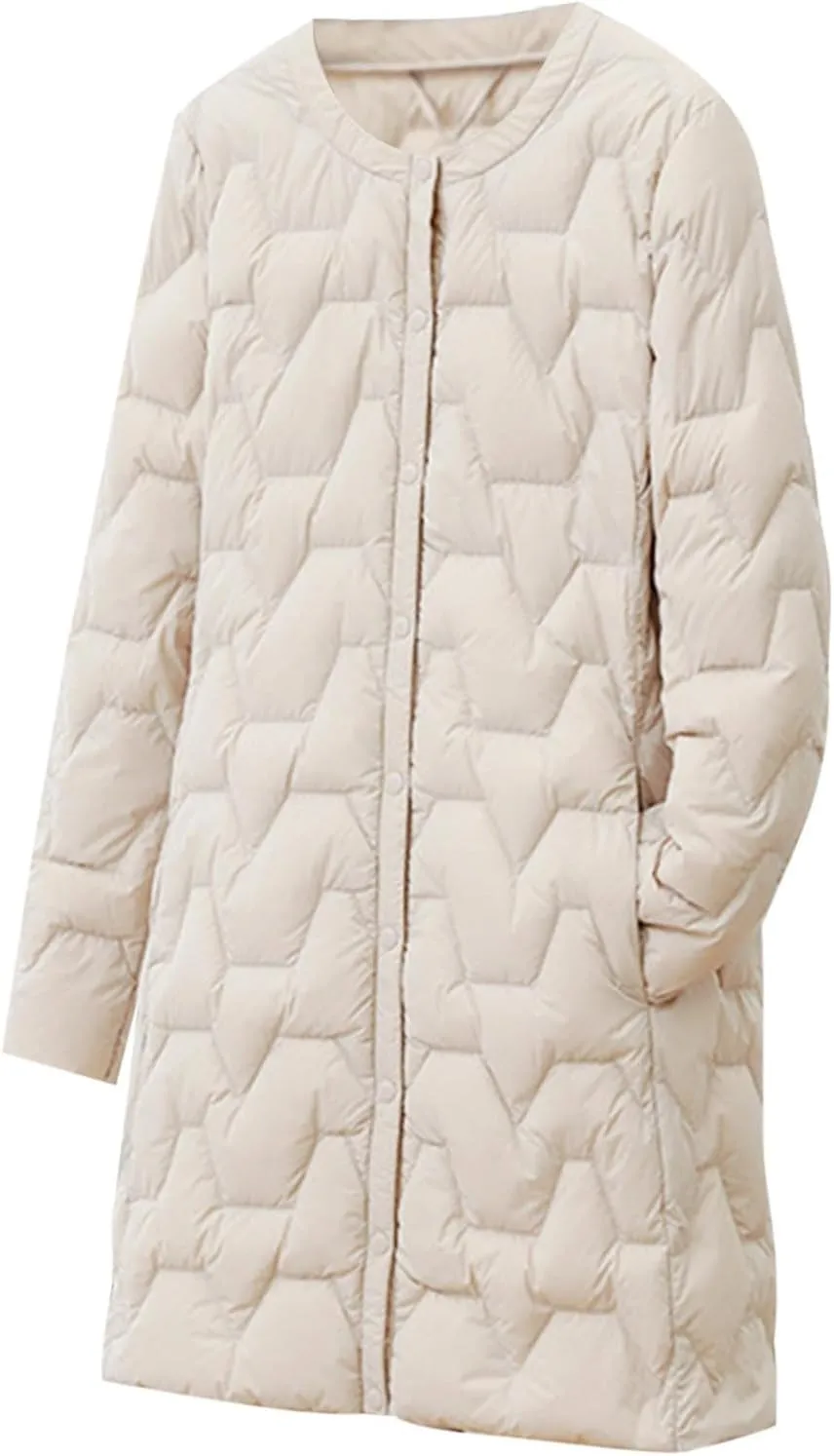 Women's Lightweight Down Jacket Mide-Length Puffer Coat with Pockets Quilted Long Sleeve Button Down Outerwear