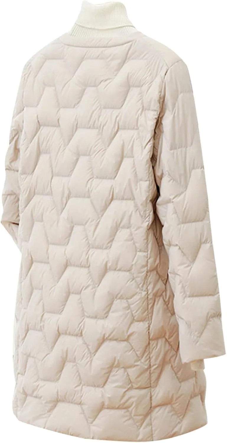 Women's Lightweight Down Jacket Mide-Length Puffer Coat with Pockets Quilted Long Sleeve Button Down Outerwear