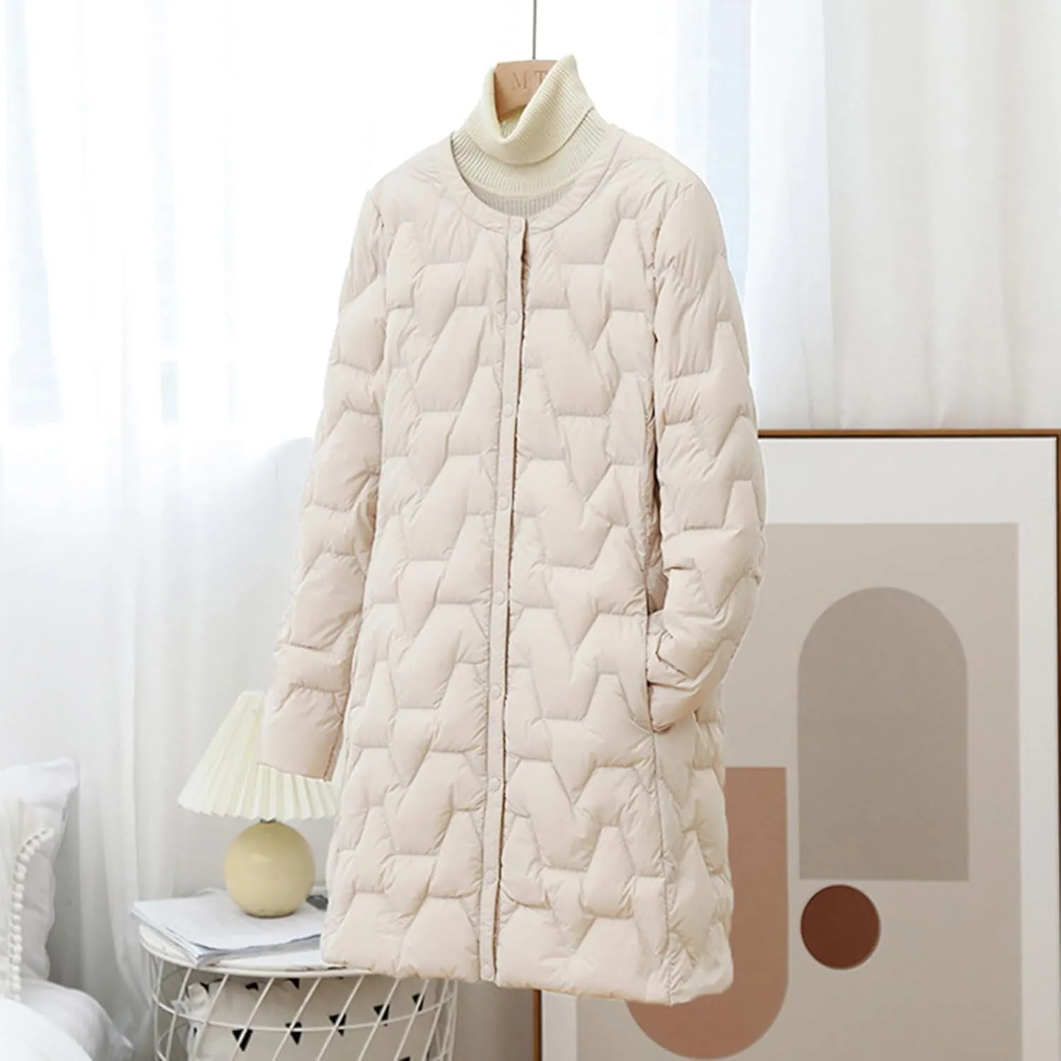 Women's Lightweight Down Jacket Mide-Length Puffer Coat with Pockets Quilted Long Sleeve Button Down Outerwear