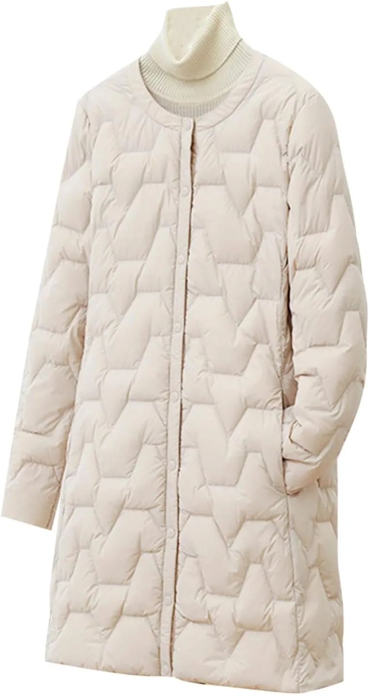 Women's Lightweight Down Jacket Mide-Length Puffer Coat with Pockets Quilted Long Sleeve Button Down Outerwear