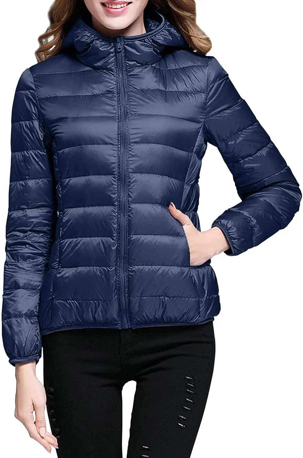 Women's Lightweight Jackets Zipper Hooded Packable Short Down Jackets Winter Quilted Puffer Outwear with Pockets
