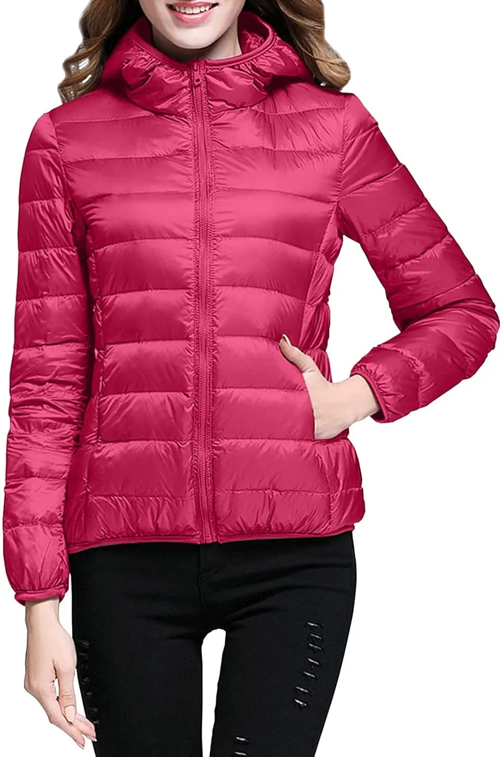 Women's Lightweight Jackets Zipper Hooded Packable Short Down Jackets Winter Quilted Puffer Outwear with Pockets