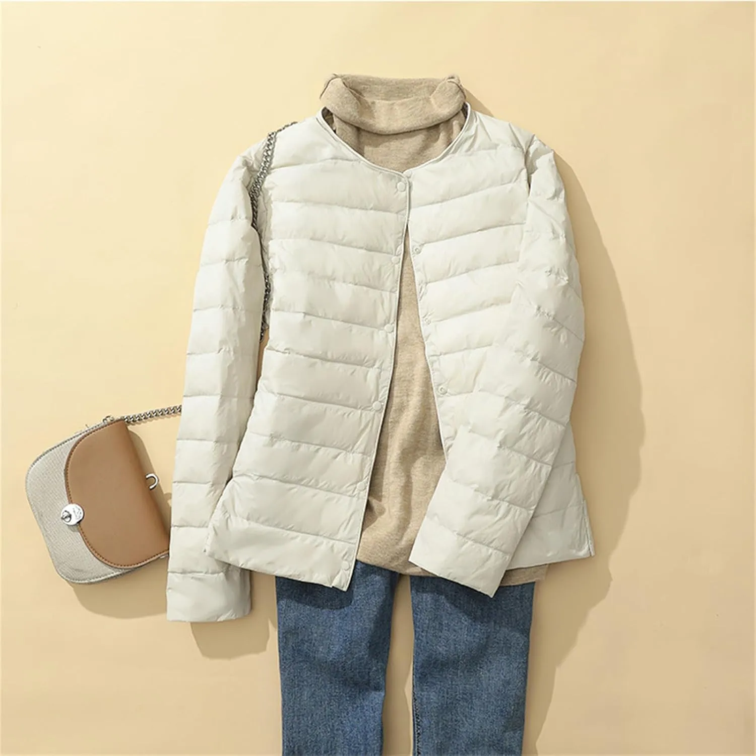 Womens Lightweight Puffer Jackets Fashion Collarless Button Down Jacket Packable Loose Winter Warm Down Coats