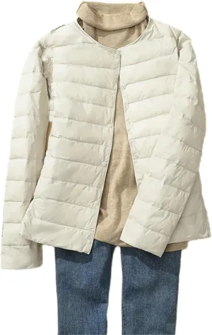 Womens Lightweight Puffer Jackets Fashion Collarless Button Down Jacket Packable Loose Winter Warm Down Coats