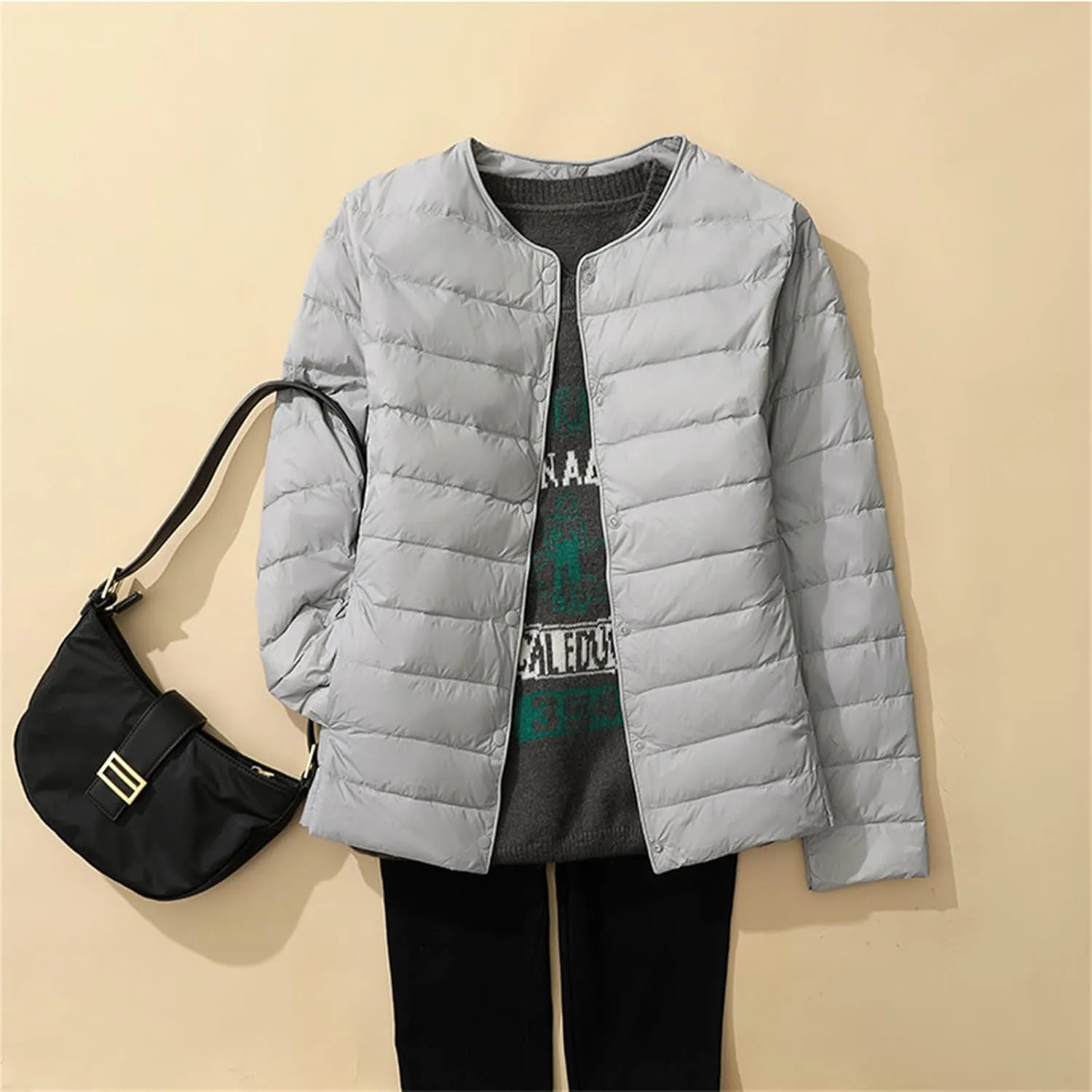 Womens Lightweight Puffer Jackets Fashion Collarless Button Down Jacket Packable Loose Winter Warm Down Coats