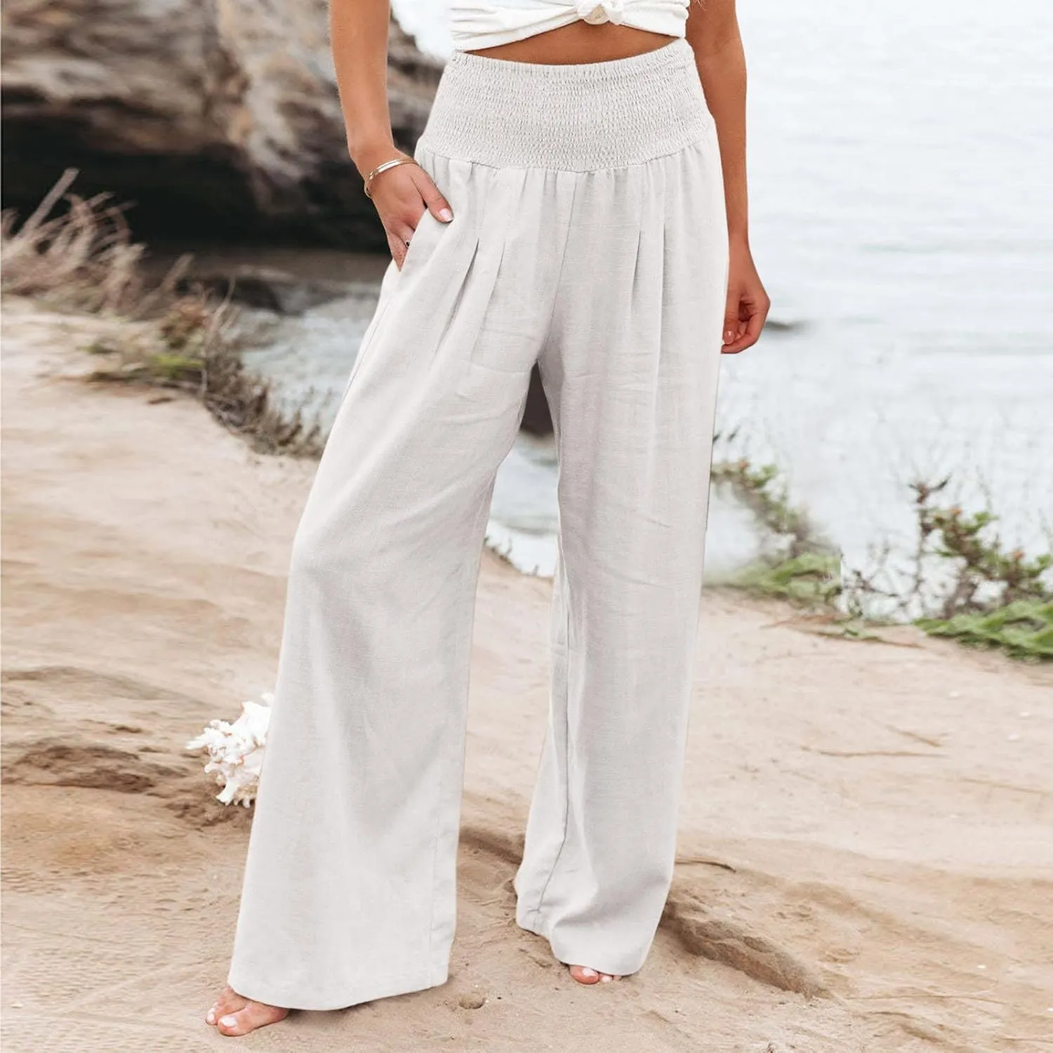 Womens Linen Palazzo Pants Wide Leg Boho Beach Pants High Waisted Flowy Pants Summer Lightweight Plus Size Trousers