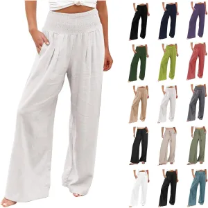 Womens Linen Palazzo Pants Wide Leg Boho Beach Pants High Waisted Flowy Pants Summer Lightweight Plus Size Trousers