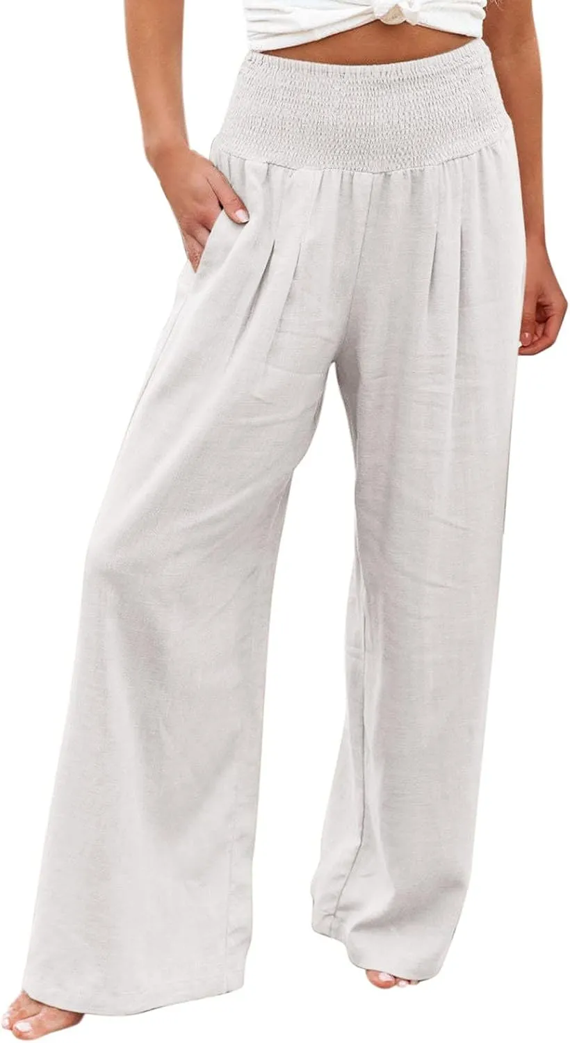 Womens Linen Palazzo Pants Wide Leg Boho Beach Pants High Waisted Flowy Pants Summer Lightweight Plus Size Trousers