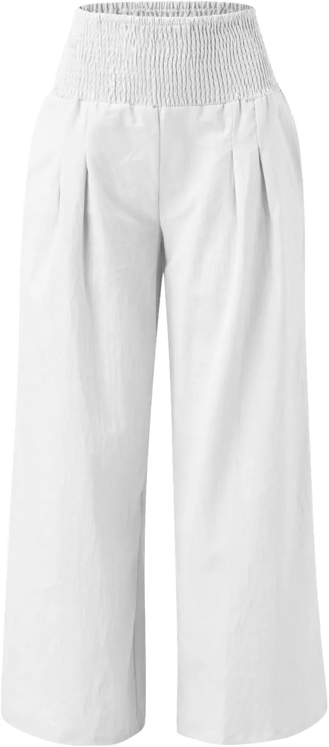 Womens Linen Palazzo Pants Wide Leg Boho Beach Pants High Waisted Flowy Pants Summer Lightweight Plus Size Trousers
