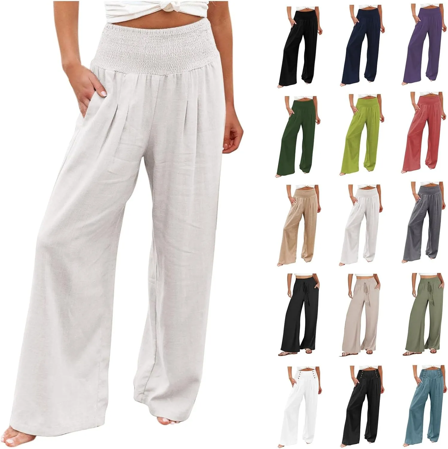 Womens Linen Palazzo Pants Wide Leg Boho Beach Pants High Waisted Flowy Pants Summer Lightweight Plus Size Trousers