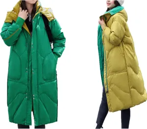 Womens Long Puffer Jackets Reversible Down Coats Reversible Winter Coats with Hood Padded Outerwear Warm Fashion Parkas