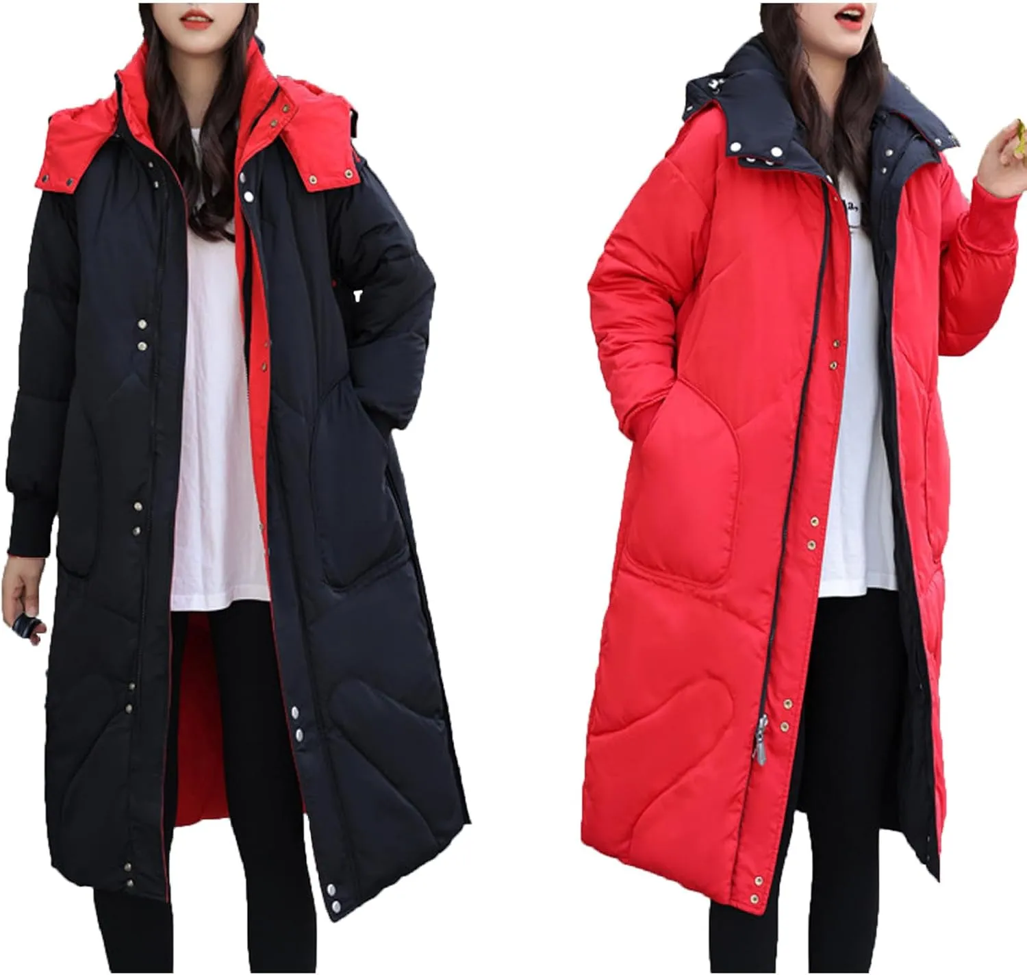 Womens Long Puffer Jackets Reversible Down Coats Reversible Winter Coats with Hood Padded Outerwear Warm Fashion Parkas