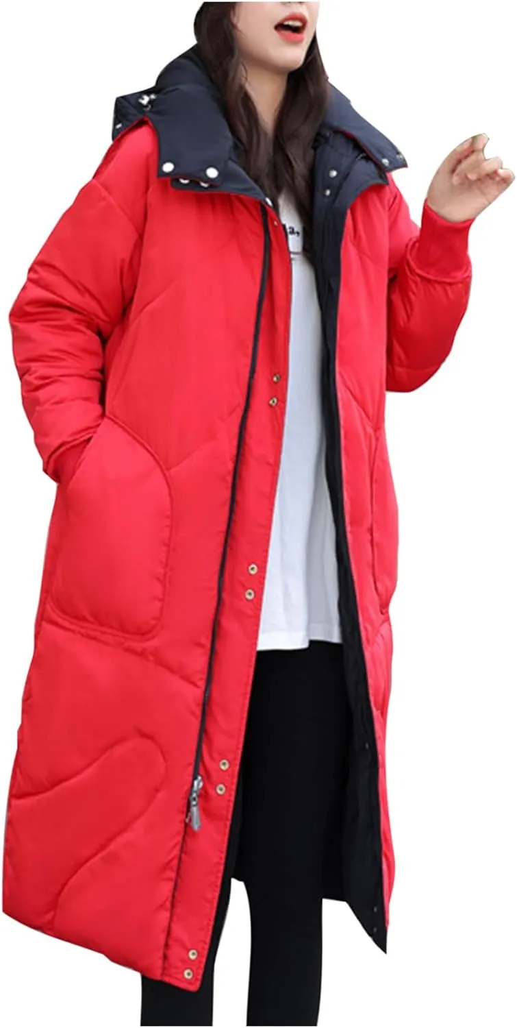 Womens Long Puffer Jackets Reversible Down Coats Reversible Winter Coats with Hood Padded Outerwear Warm Fashion Parkas