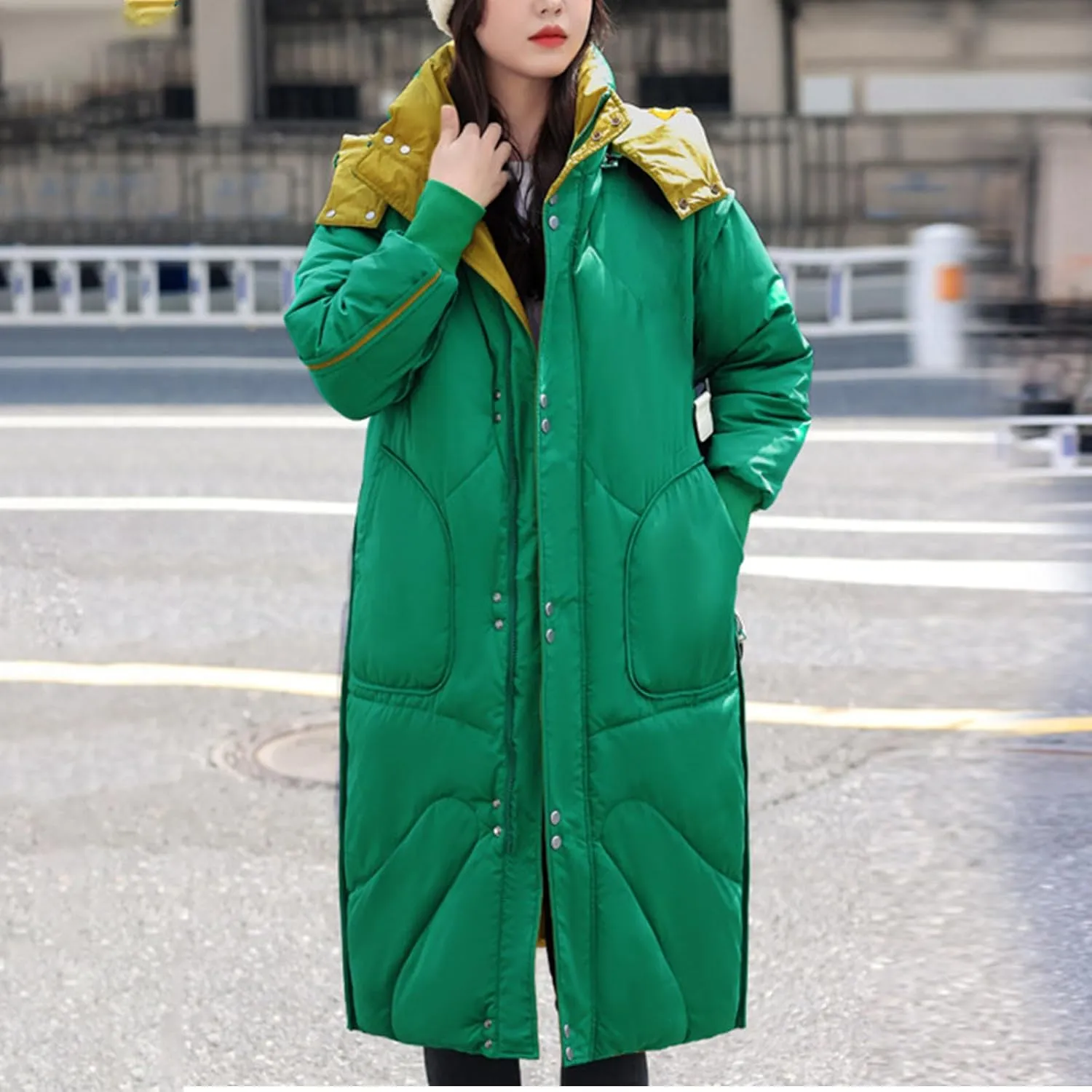 Womens Long Puffer Jackets Reversible Down Coats Reversible Winter Coats with Hood Padded Outerwear Warm Fashion Parkas