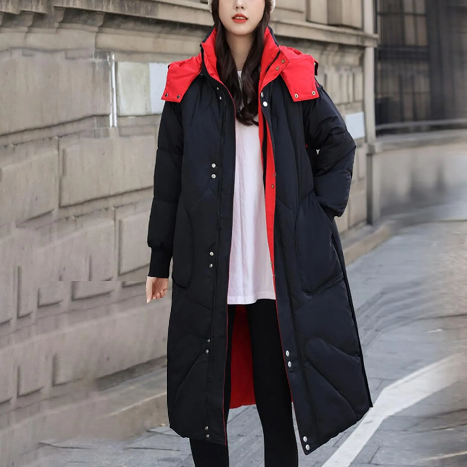 Womens Long Puffer Jackets Reversible Down Coats Reversible Winter Coats with Hood Padded Outerwear Warm Fashion Parkas