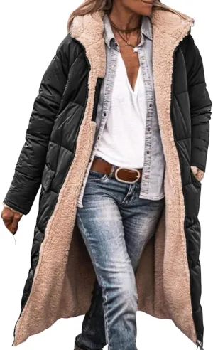 Womens Long Puffer Jackets Zip Up Hoodie Quilted Jacket Winter Warm Down Jacket Sherpa Fleece Lined Reversible Coat