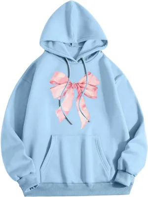 Women's Oversized Hoodie Bow Graphic Print Loose Fit Sweatshirts Fashion Drawstring Long Sleeves with Pockets