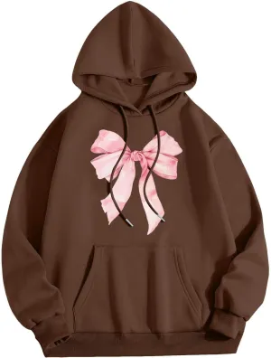 Women's Oversized Hoodie Bow Graphic Print Loose Fit Sweatshirts Fashion Drawstring Long Sleeves with Pockets