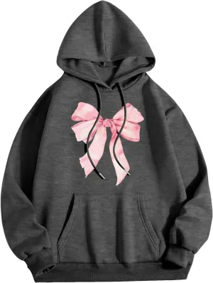 Women's Oversized Hoodie Bow Graphic Print Loose Fit Sweatshirts Fashion Drawstring Long Sleeves with Pockets