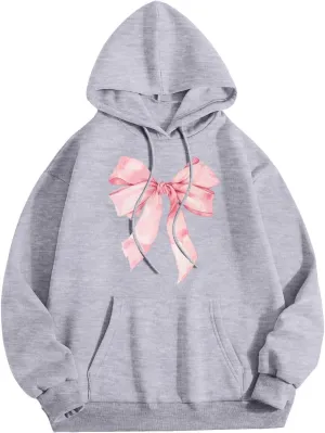 Women's Oversized Hoodie Bow Graphic Print Loose Fit Sweatshirts Fashion Drawstring Long Sleeves with Pockets