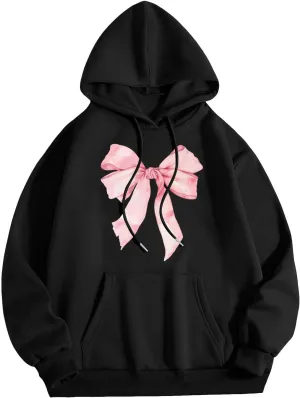Women's Oversized Hoodie Bow Graphic Print Loose Fit Sweatshirts Fashion Drawstring Long Sleeves with Pockets