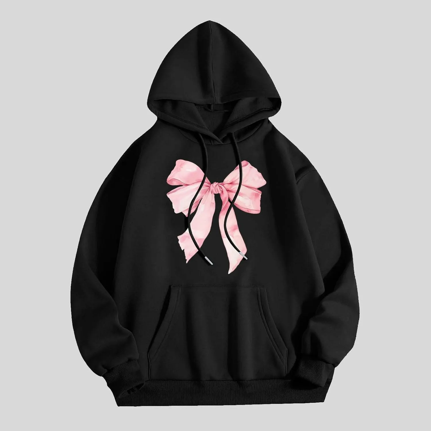 Women's Oversized Hoodie Bow Graphic Print Loose Fit Sweatshirts Fashion Drawstring Long Sleeves with Pockets