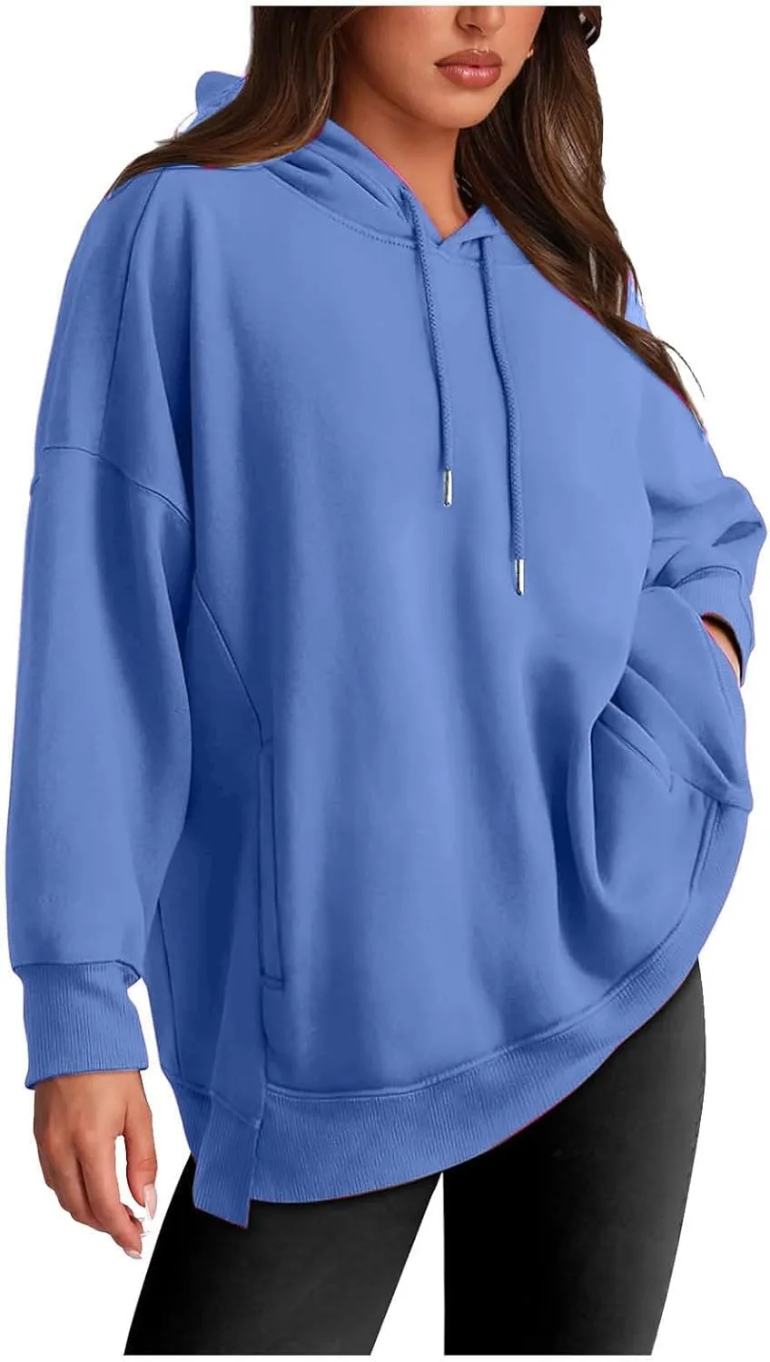 Womens Oversized Hoodie Sweatshirt Solid Color Drawstring Pullover Tops Casual Loose Fleece Comfy Sweater Blouses