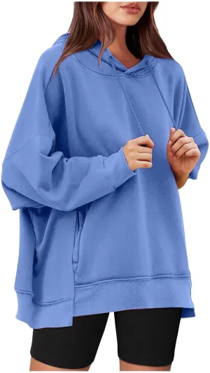 Womens Oversized Hoodie Sweatshirt Solid Color Drawstring Pullover Tops Casual Loose Fleece Comfy Sweater Blouses